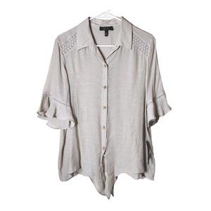 BCX Top Womens Xl Button Up Tie Waist Flutter Cuff Sheer Crochet Boho